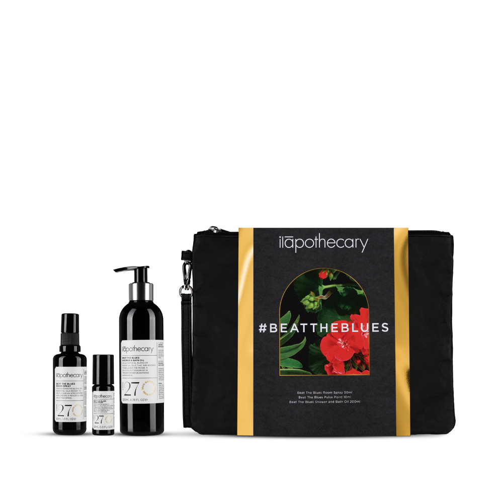 Beat the Blues Clutch includes Beat the Blues Shower & Bath Oil, Beat the Blues Room Spray and Beat the Blues Pulse Point